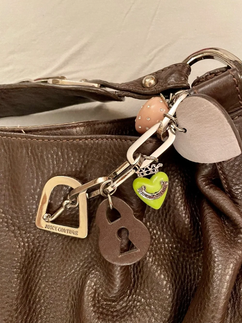 Vintage Y2K Juicy Couture Brown Pebble Leather Large Hobo Bag Silver Charms